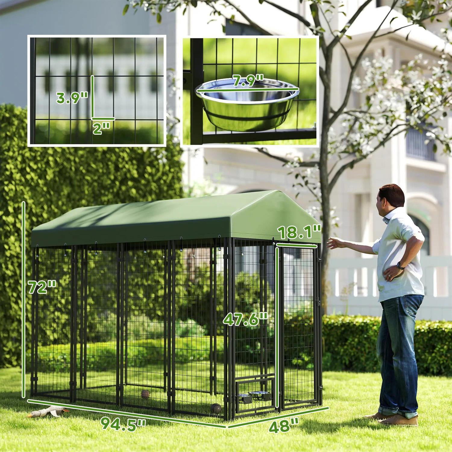 Pefilos 94" Outdoor Dog Kennel with Rotating Bowl Holders, Dog House Pet Playpen with Waterproof Cover for Large Dogs, Green