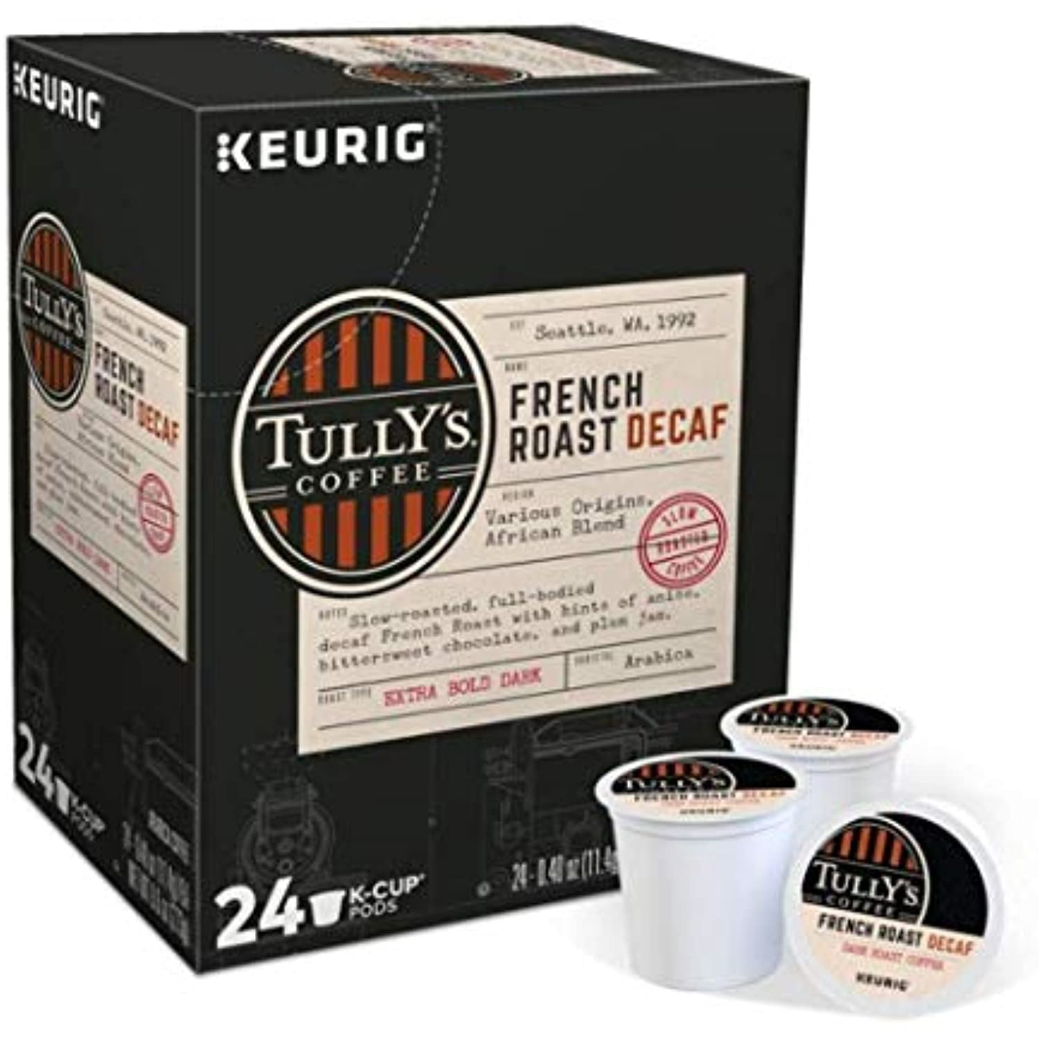 Tullys French Roast Decaf Coffee For Keurig Brewing Systems 24 K- Cups (4 Pack) By Tullys Coffee