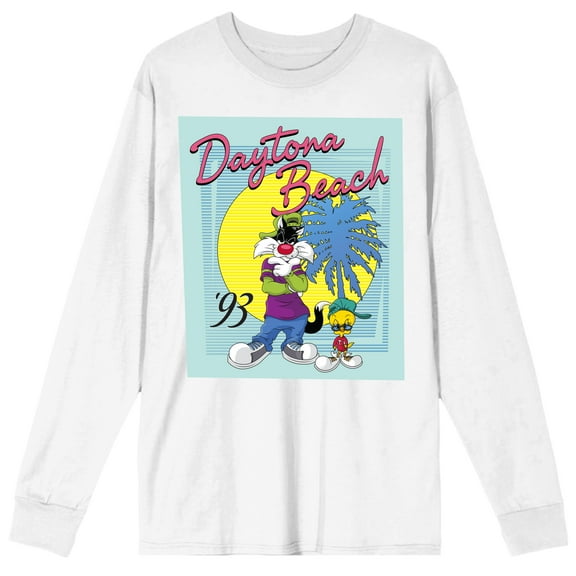 Looney Tunes Daytona Beach '93 Men's White Long Sleeve Shirt-Large