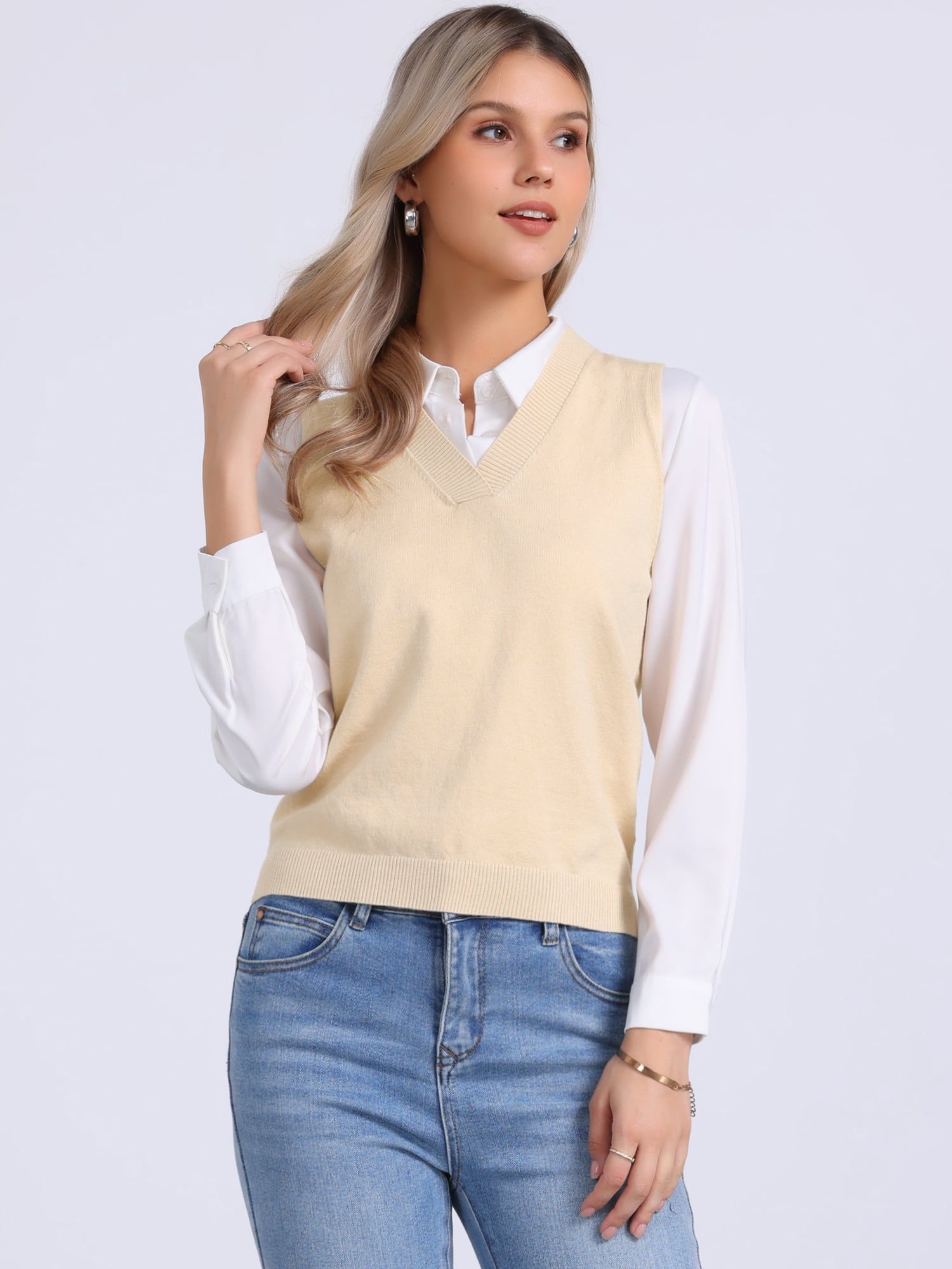 DARING DIVA Women's Vest Preppy V Neck Sleeveless Pullover Sweater XS Beige