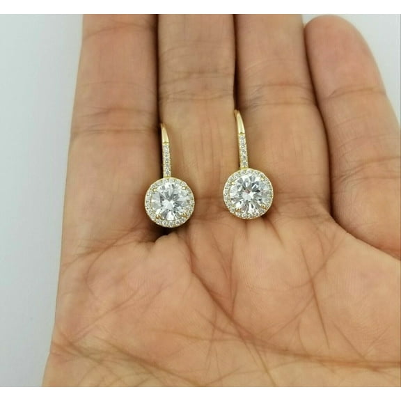 Women's Drop & Dangle Leverback Earrings White Round Cut Diamond 14k Yellow Gold Plated Silver