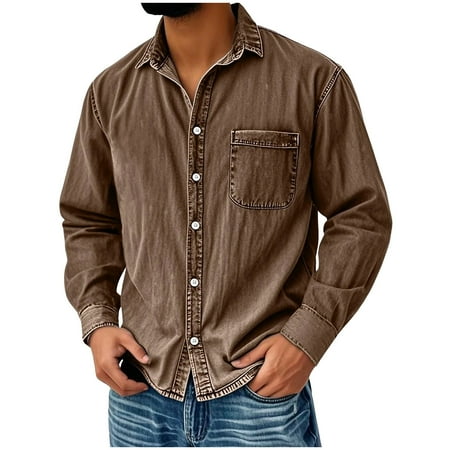 LEKWK Mens Button Down Shirts Long Sleeve Washed Denim Texture Casual Shirts Lapel Collar Work Shirts Pocket Vintage Cowboy Western Fashion Blouse