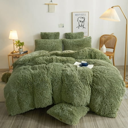 XeGe Luxury Plush Shaggy Duvet Cover Set  Soft Faux Fur Fuzzy Comforter Cover Set  3 Pieces Fluffy Bedding Sets(1 Furry Duvet Cover + 2 Throw Pillow Shams)  Zipper Closure (Queen  Sage Green)