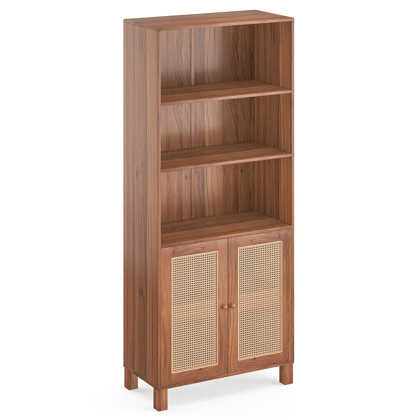 Aukfa Tall Storage Cabinet with Rattan Doors, 5-Tier Wooden Bookcase, Farmhouse Multi-Purpose Cabinet for Living Room,Walnut