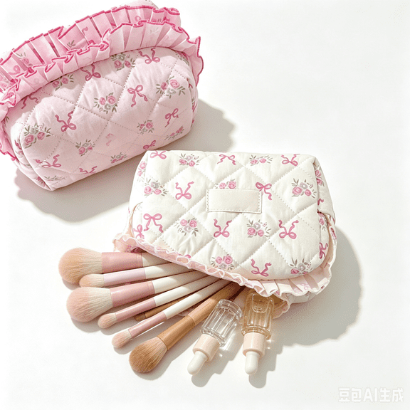 Ruffle Floral Bow Quilted Storage Pouch, Single Layer Large Capacity Travel Cosmetic Bag, Portable Women Toiletry & Writing Supply Organizer, Breast Cancer Awareness Charity Gift