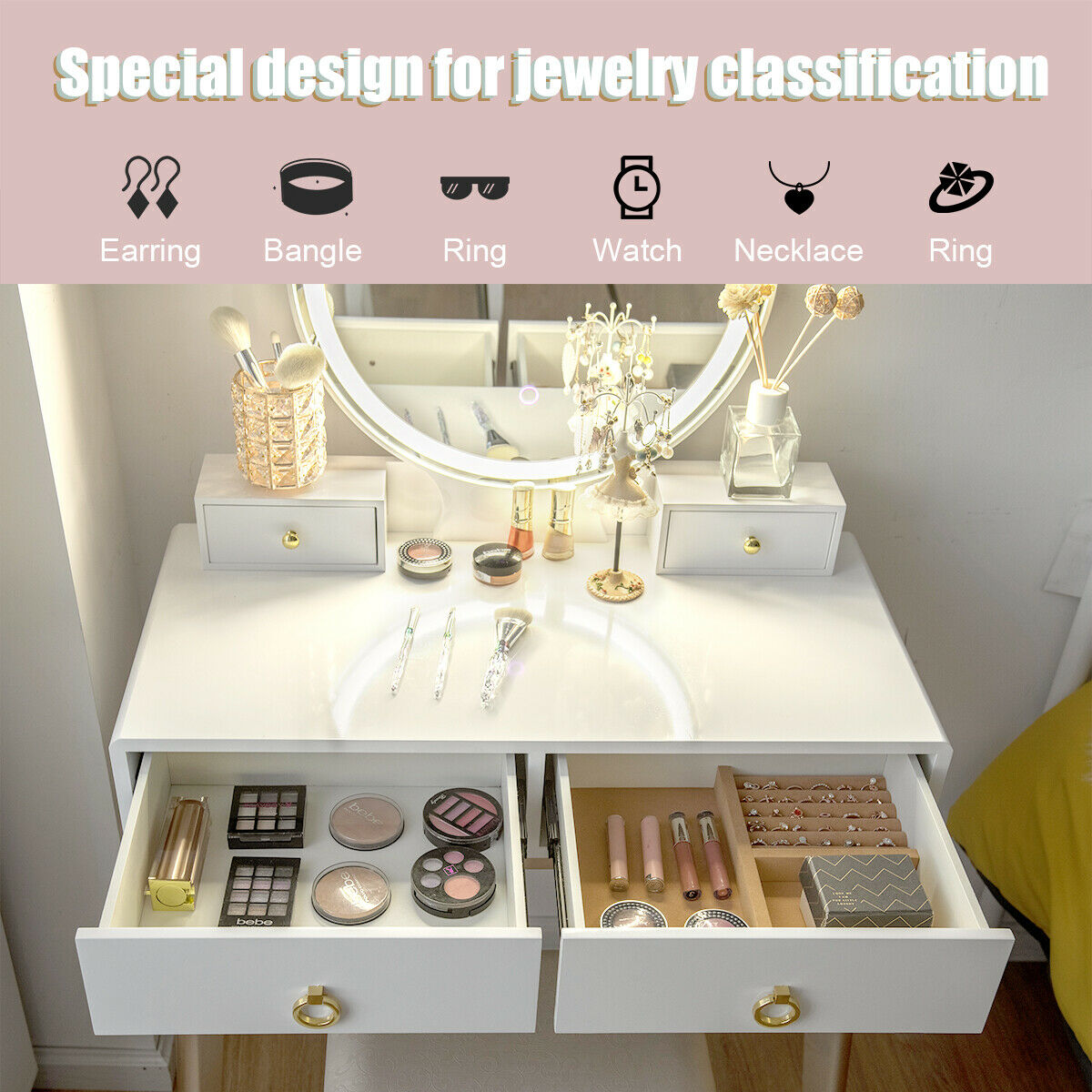 Costway Makeup Vanity Table 3 Color Lighting Modes Jewelry Dressing - image 5 of 10