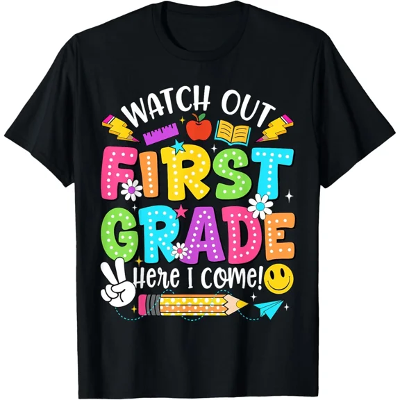Watch Out First Grade Here I Come Colorful Back to School Student Graphic T-Shirt Funny Retro Elementary School Apparel