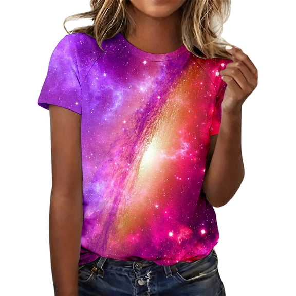 Womens Tops Casual T Shirts Galaxy Print Short Sleeve Crew Neck Basic Slim Undershirts Green