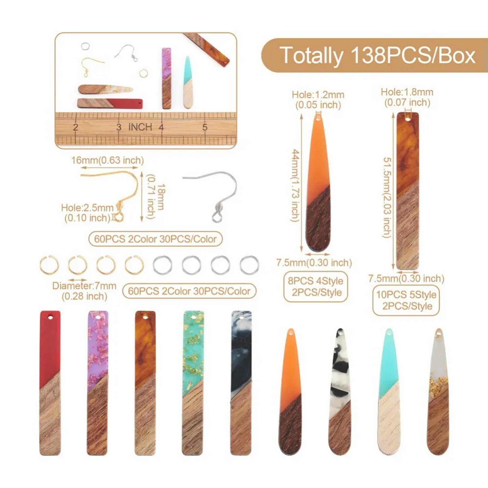 U8MO 1 Box Resin Wood Pendants Rectangle Teardrop Dangle French Earrings Making Kit