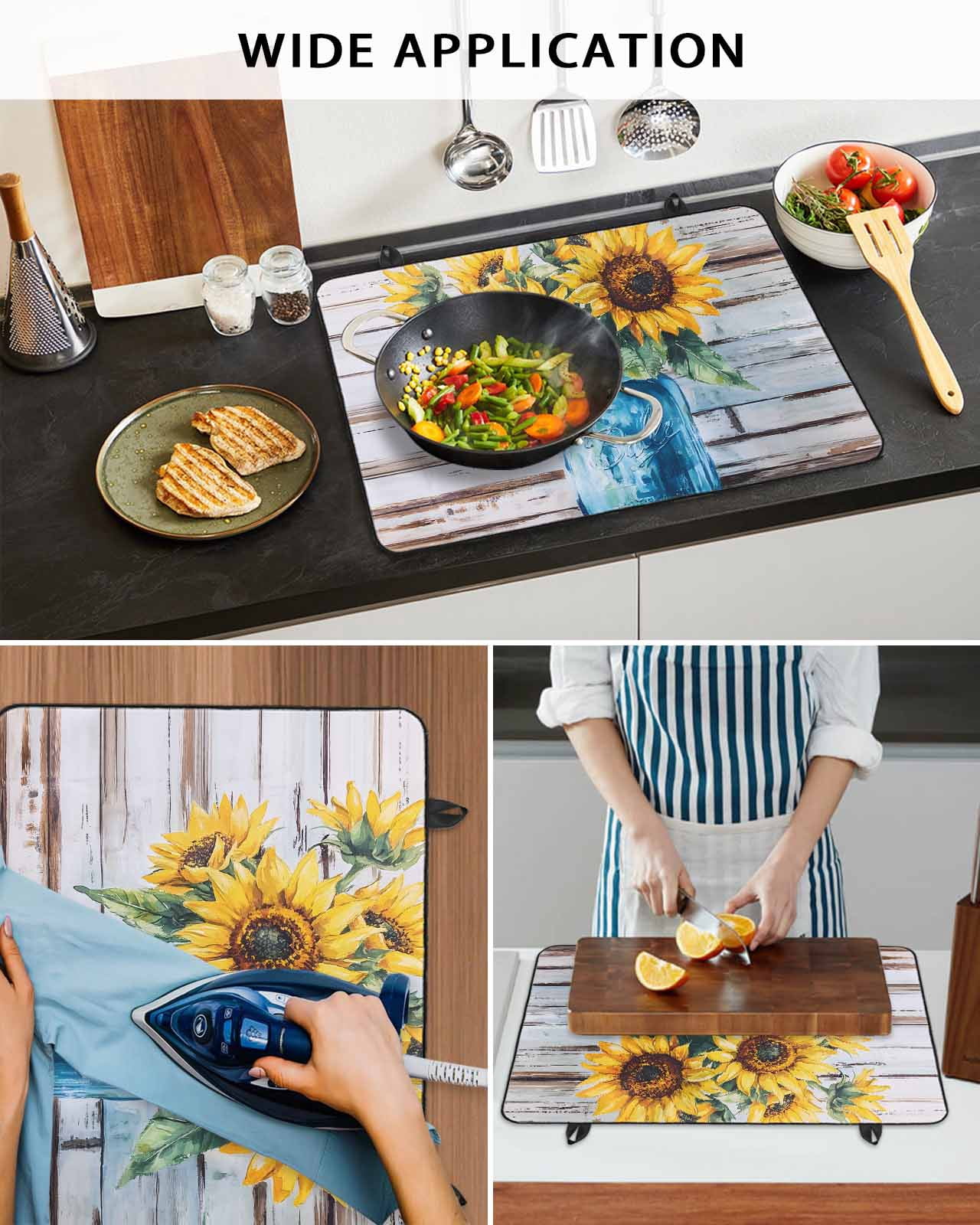 nqOlkjepod Large Induction Cooktop Protector Mat 24"x21", Sunflower Stove Top Covers for Electric Stove, Watercolor Yellow Floral Vintage Wooden Grain Stove Burner Cover Mats, Glass Top Stove Cover