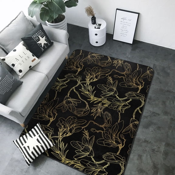 Area Rugs For Living Room Decor - Gold Gloss Outline Floral Soft Anti ...