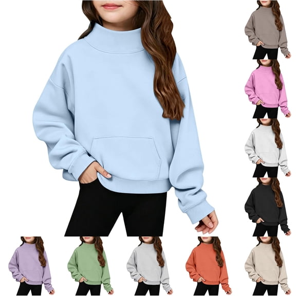 WAYUTE Girls Sweatshirt Neck Solid Color Loose Fit Long Sleeve Pullover for Big Kids Fall Outfits Versatile Casual Dailywear,Blue,Size 7-8 Y