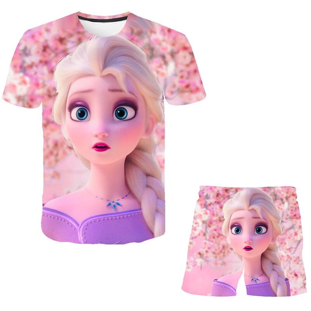 Ropa de bebé Frozen, conjuntos de ropa de verano para niños, camisetas de moda Elsa Anna + traje corto de Frozen de dibujos animados, 2 uds., ropa para niños 6M Gao Jinjia LED