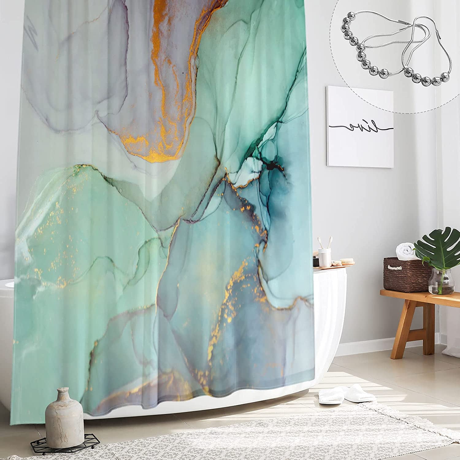 natu2eco Colourful Marble Shower Curtains for Bathroom Sets Fabric with 12 Hooks Watercolor Abstract Ink Paint Blue Green Jade Texture Purple and Gold Stripes Machine Washable Digital Printing Decor