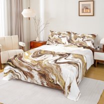 Castle Fairy Gradient Abstract Marble 3Pcs Twin Sheet Sets for Teens Boys Girls,Brown White Golden Twin Fitted Sheet,Marbling Watercolor Breathable Flat Sheet,Ultra Soft Home Decor