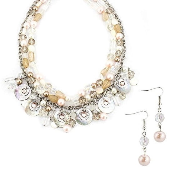 Layered Shell Pearl Necklace and Earring Set - Blush Pink Beach Jewelry Set with Crystal Beads Necklace Earring