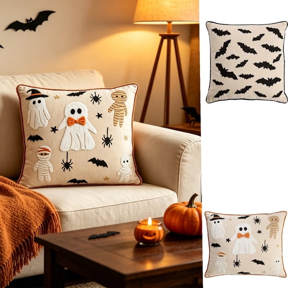Yeciiwht Halloween Throw Pillow Cover – 18*18inch Embroidered Linen Cushion Case with Ghost, Mummy & Bat Designs, Invisible Zipper, Machine Washable