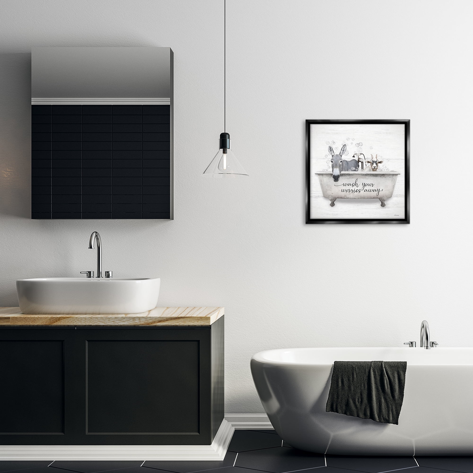 Stupell Industries Wash Worries Away Tub Typography Painting Black Floater Framed Canvas Art Print Wall Art, 18 x 18