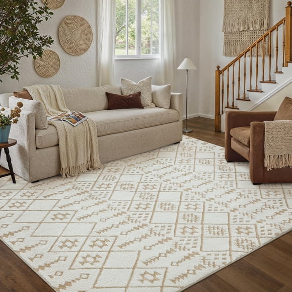 WondRg 5x7 Boho Area Rug Beige Cream Shag Modern Decor Washable Carpet for Living Room Neutral Moroccan Soft Geometric Throw Rug for Bedroom Kitchen