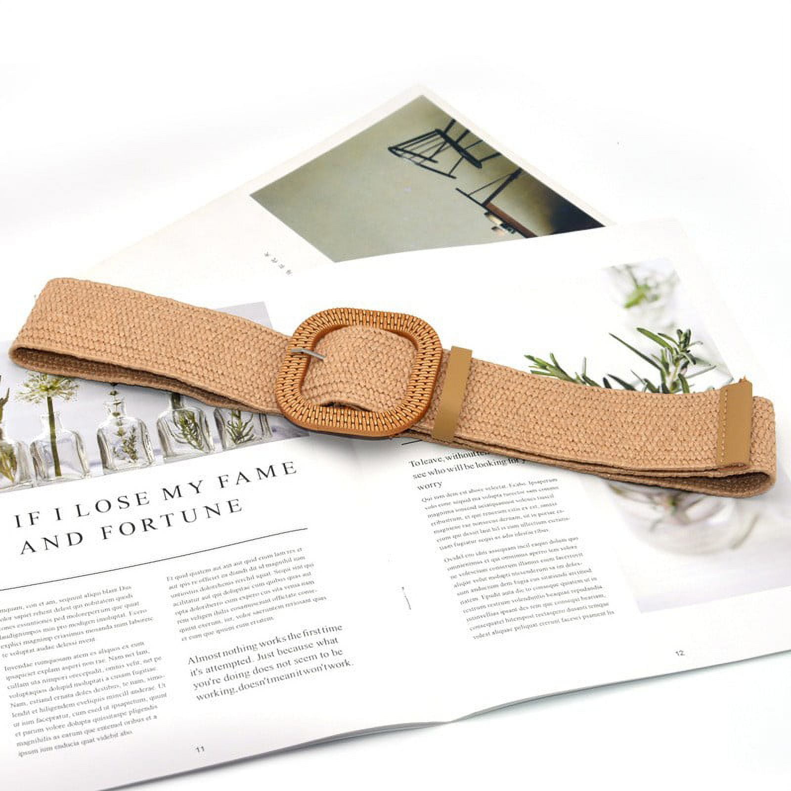 Gold Buckle Elastic Straw Statement Belt Natural Straw Elastic Belt with Round Buckle for Women  main image 3