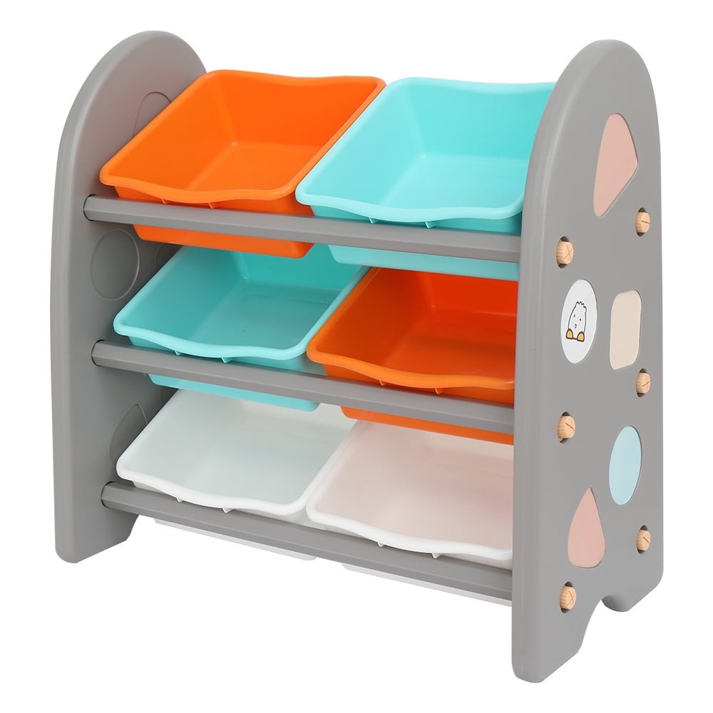 Private Jungle Wooden Kids' Toy Storage Organizer with 6 Plastic Bins，Gray Color