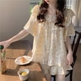 thumbnail image 3 of Conjunto de camisón de manga corta con encaje, estilo dulce, holgado, cómodo, pequeño, fresco y a la moda para el hogar, 3 of 6