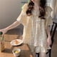 thumbnail image 3 of Conjunto de camisón de manga corta con encaje, estilo dulce, holgado, cómodo, pequeño, fresco y a la moda para el hogar, 3 of 6
