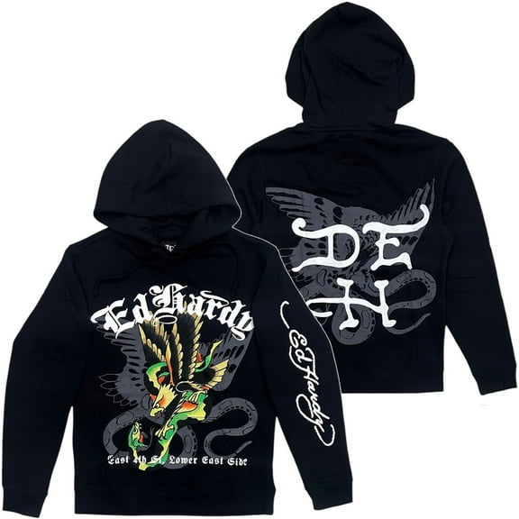 Ed Hardy Men's Hoodie Eagle Snake Fleece Pullover Sweatshirt (Small, Black)
