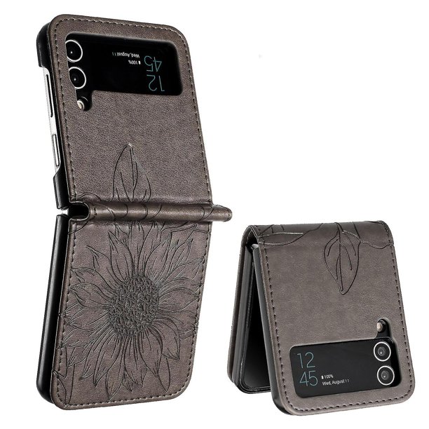Funda tipo cartera con girasoles grabados para Samsung Z Flip 3: elegante, multifuncional y con protección total.