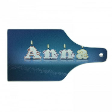 Anna Cutting Board, Birthday Candles with Little Stars in Shape of Letters Girls Name, Decorative Tempered Glass Cutting and Serving Board, Wine Bottle Shape, Blue and Multicolor, by Ambesonne