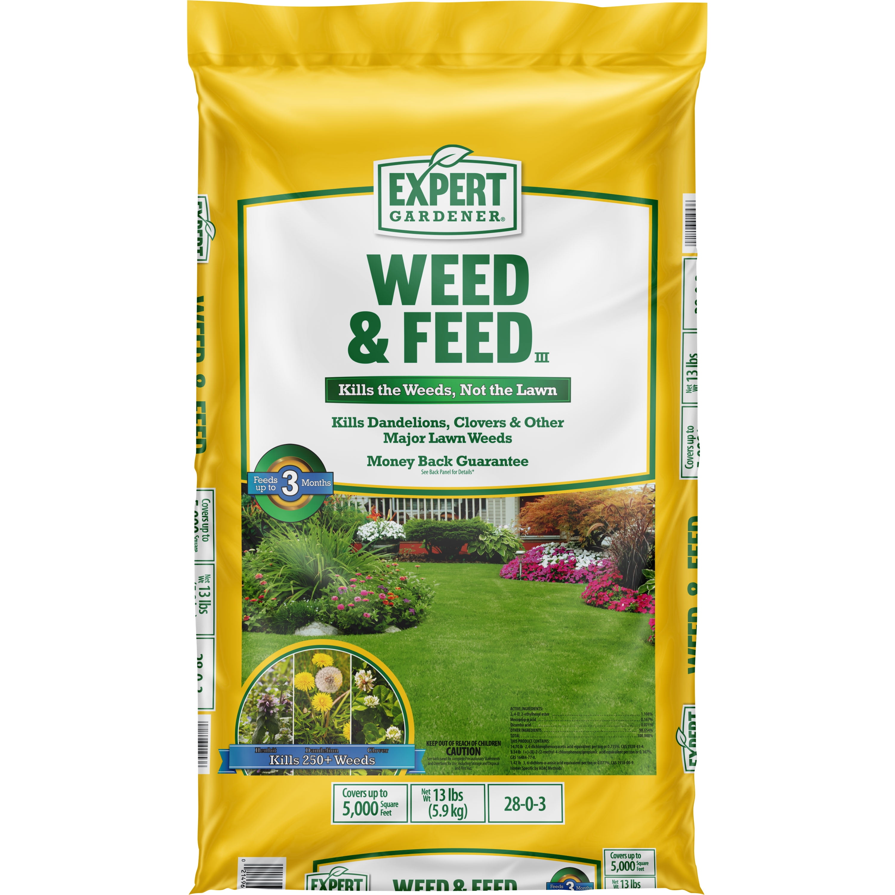 expert gardener weed and feed fertilizer 28-0-3, 13.2 lb. covers