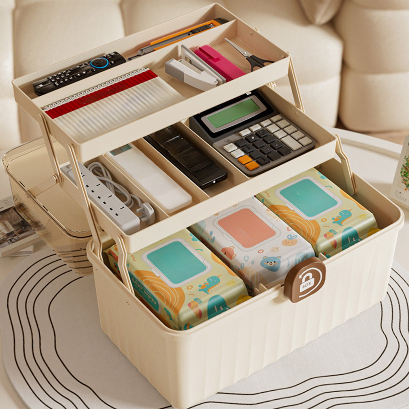3-Tier Folding Plastic Organizer with Handle, Portable Lockable Craft Storage Box 30.5x20.5x16.5 cm for Cosmetics Sewing Toys Stationery, Clear Top Lid