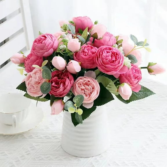 ZOELNIC 3PACK Artificial Flowers Silk Peony Rose Real Touch Fake Flowers Single Stem with 5 Heads Vintage Bouquet for Home Wedding Party Decoration Pink & Rose