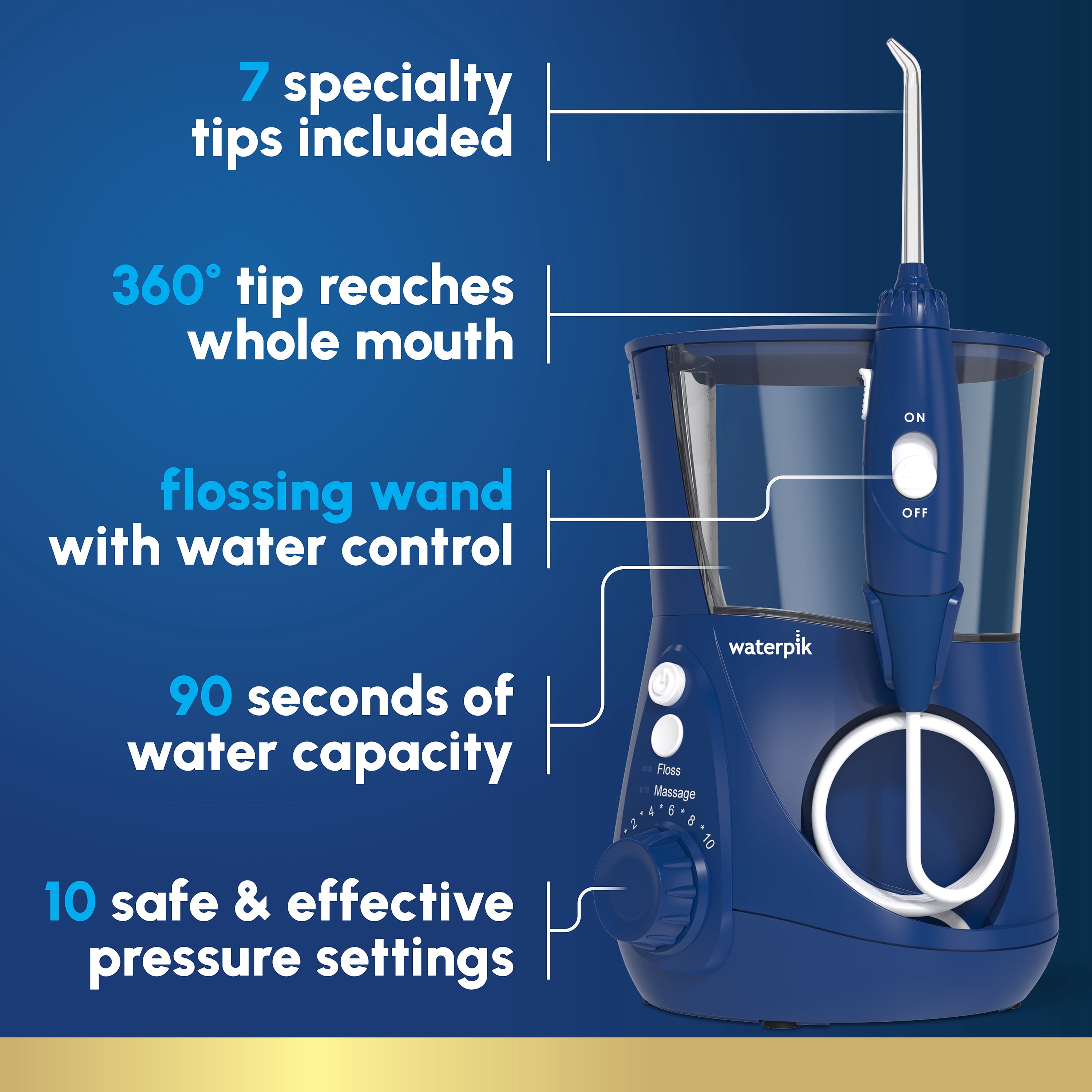 Waterpik Aquarius Water Flosser with 10 Settings, 7 Tips, ADA Accepted, Blue
