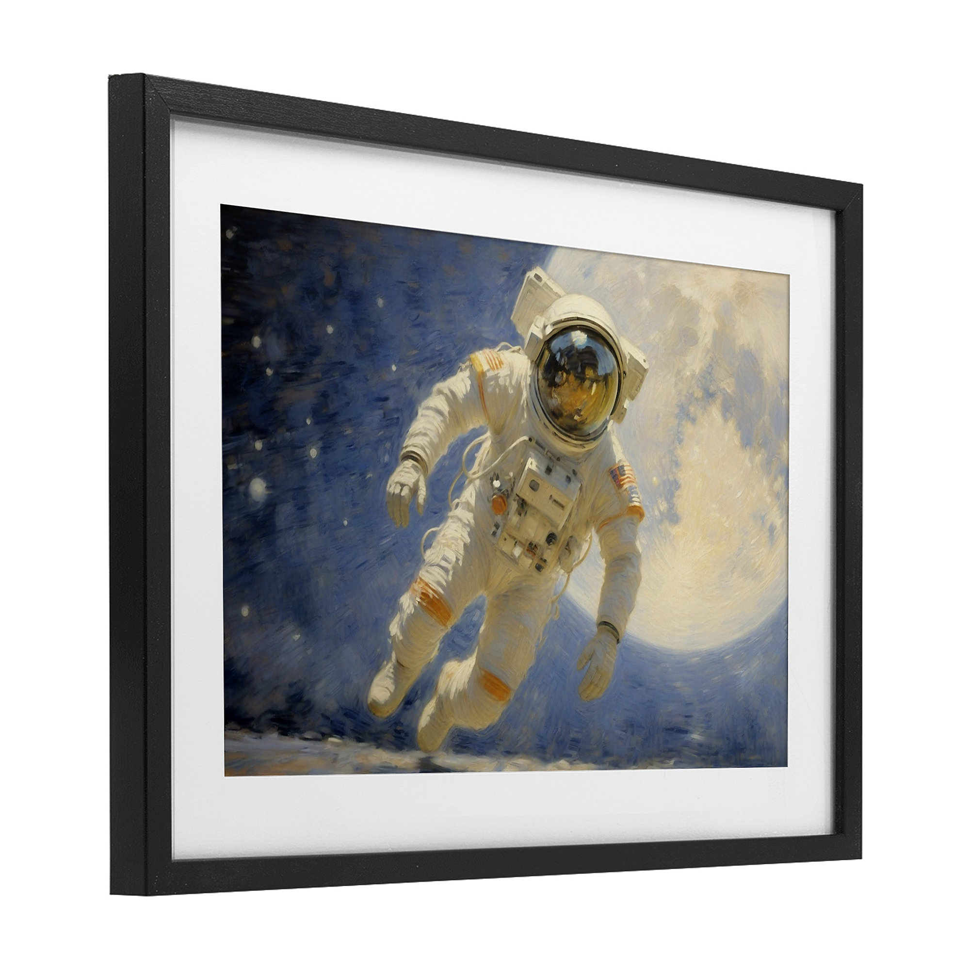 Astronaut in Vast Galaxy Black Framed Print Under Glass, design by Angie Hawke