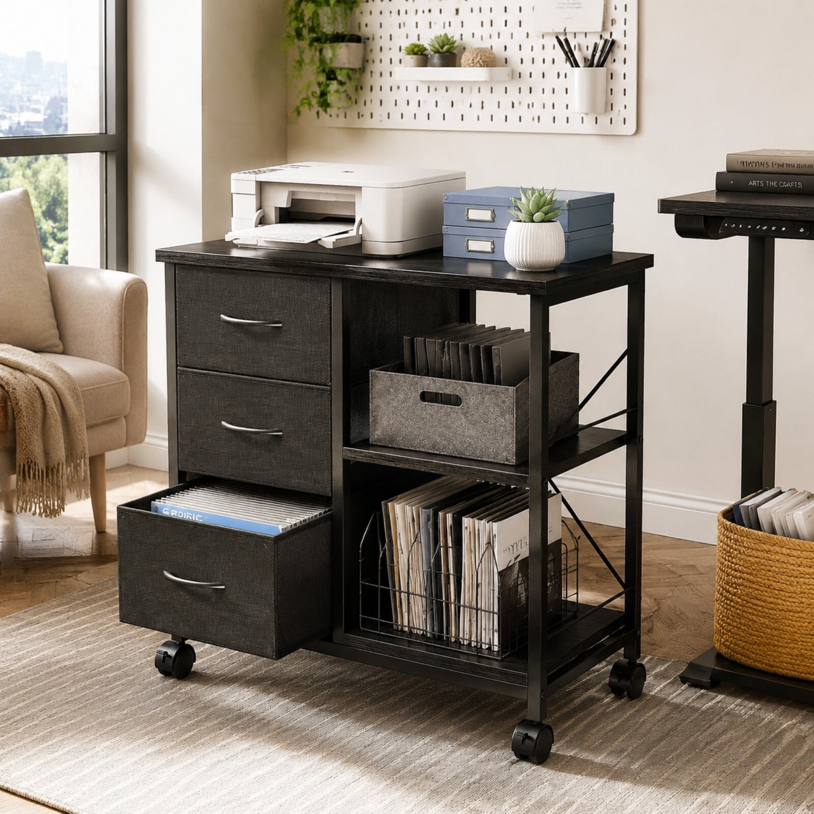 Kelno Rolling File Cabinet with Adjustable Shelf 3 Fabric Drawers Lockable Wheels, Black