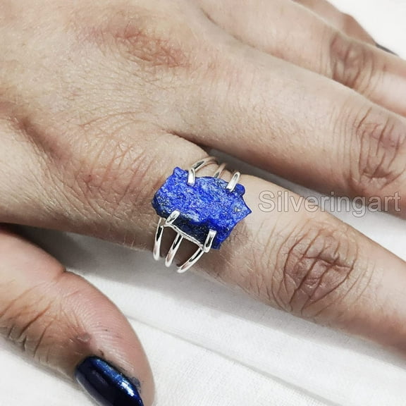 Natural Lapis Lazuli Ring, Rough Lapis Lazuli Ring, Afghani Lapis, 3 Plain Band Ring, 925 Sterling Silver, Womens Ring, Christmas, Thanksgiving, Handmade, Statement Jewelry, Rough Gemstone Jewelry