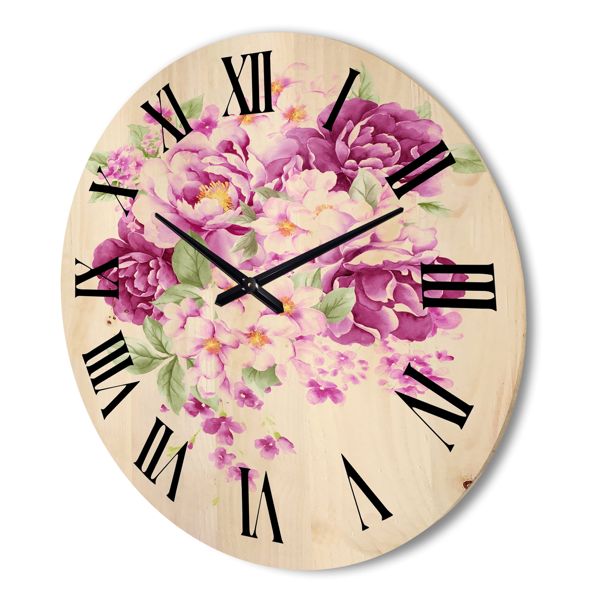 Designart 'Bouquet Of Pink Retro Flowers' Traditional Wood Wall Clock