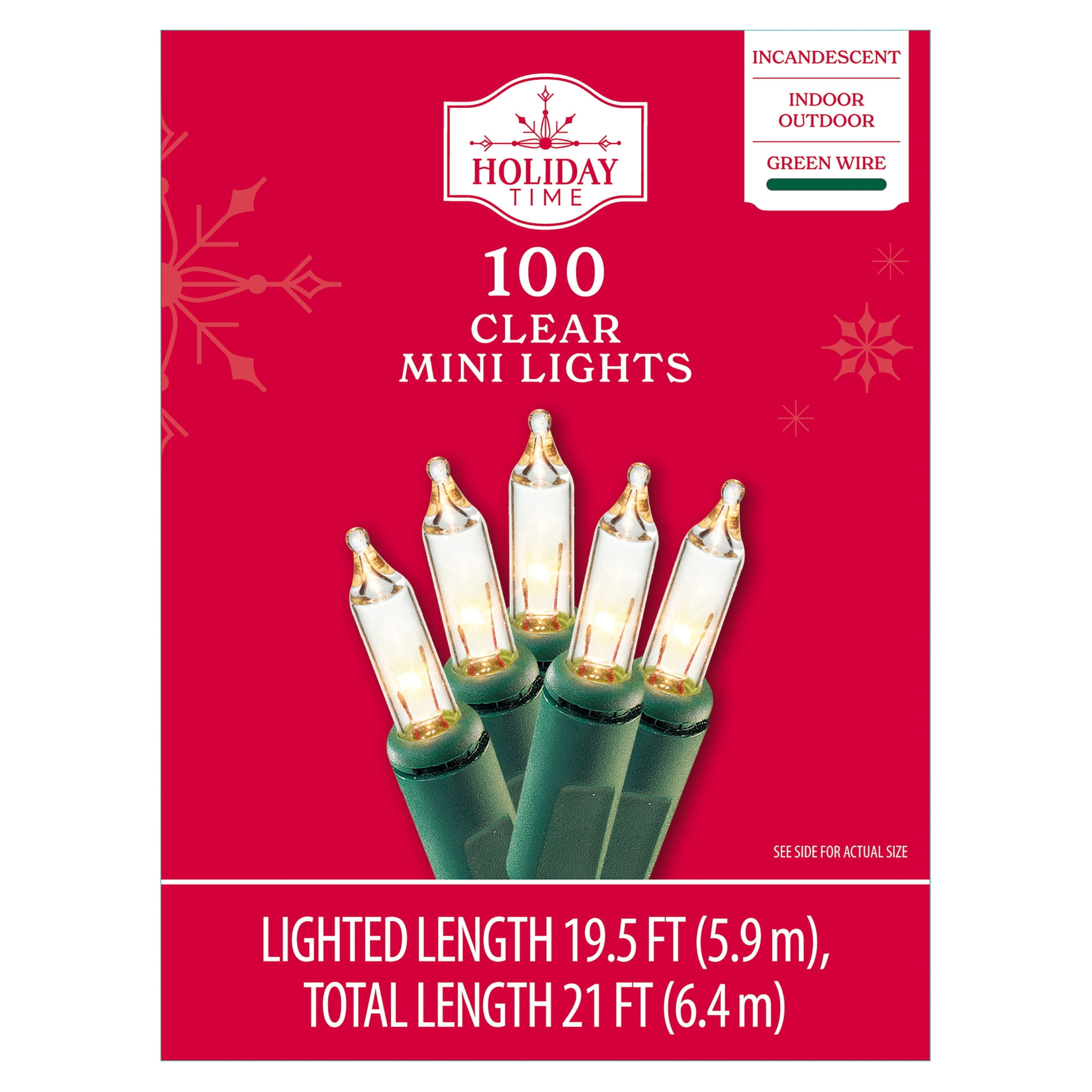 Indoor/Outdoor 100-Count Incandescent Mini Christmas String Lights, Clear, Green Wire, 19.5', by Holiday Time
