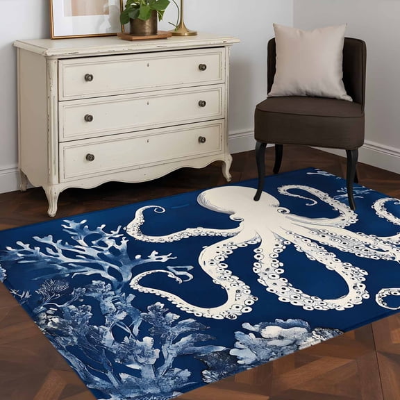 3'x5' Area Rugs, Beige Octopus Coastal Indoor Outdoor Area Rug for Living Room Bedroom, Navy Blue Nautical Ocean Coral Washable Bathroom Rugs Kitchen Floor Carpet Mats Home Decor Aesthetic