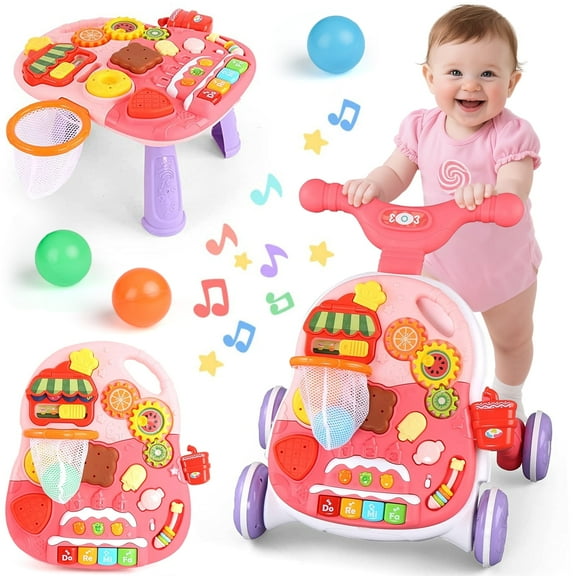 Beefunni 2 in 1 Baby Walker Sit to Stand Toys,Toddlers Musical Fun Table, Lights and Sounds, Learning, Birthday Gift for Infant 9, 12, 18, 24 Months