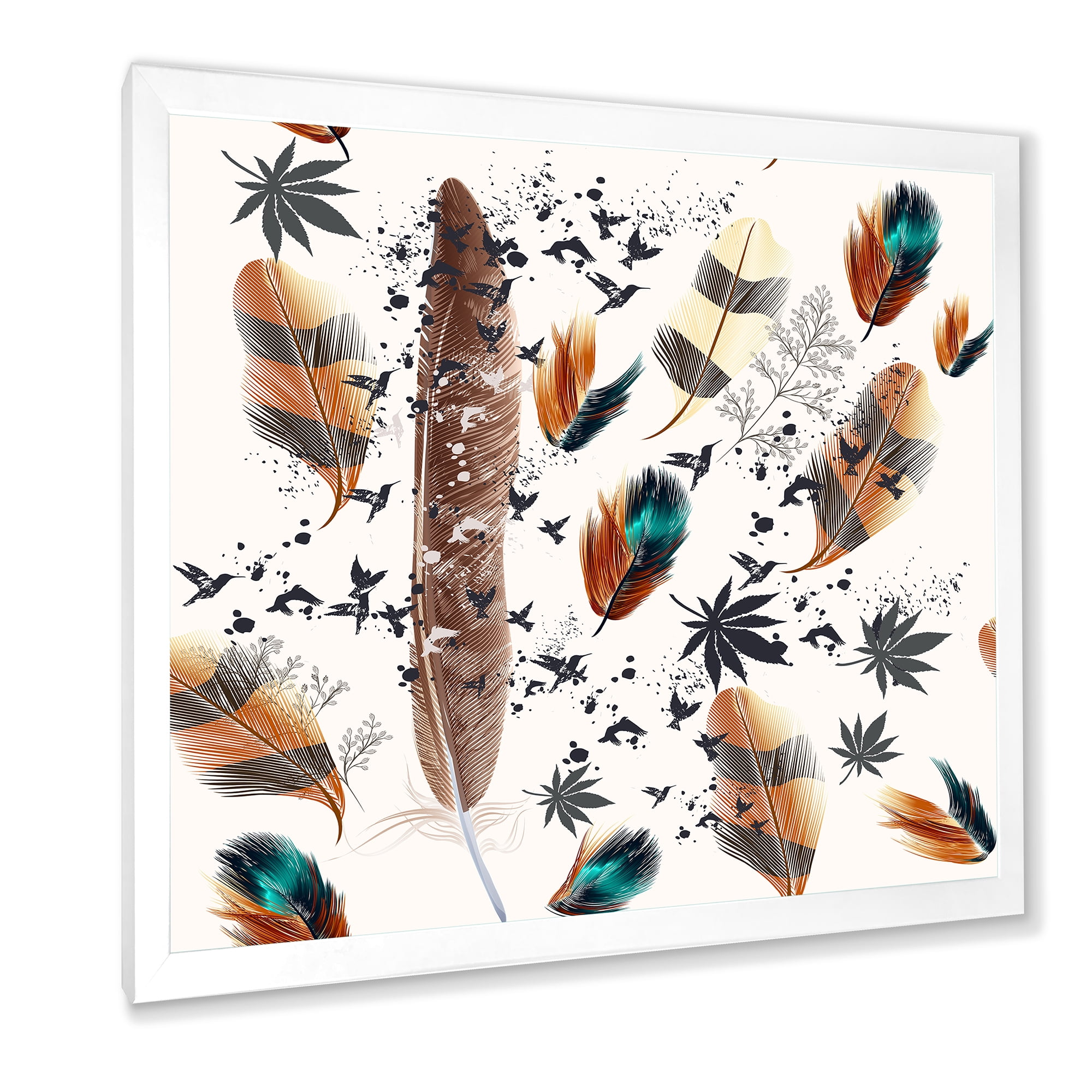 Designart 'Multicolored Feather Pattern With Floral' Bohemian & Eclectic Framed Art Print