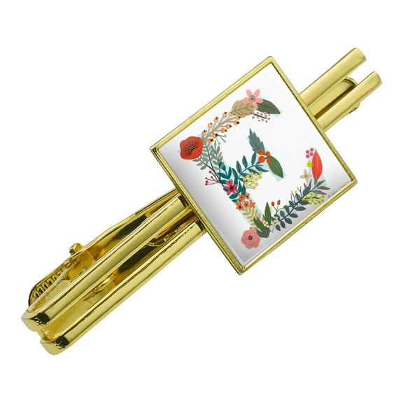 Letter E Floral Monogram Initial Square Tie Bar Clip Clasp Tack- Silver or Gold