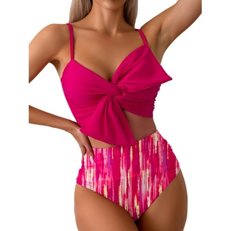 Youweixiong Women s Two Piece Bikini Bathing Suits Sleeveless Ruched Knot Cami Tops High Waist Thong Swimsuits S-XL