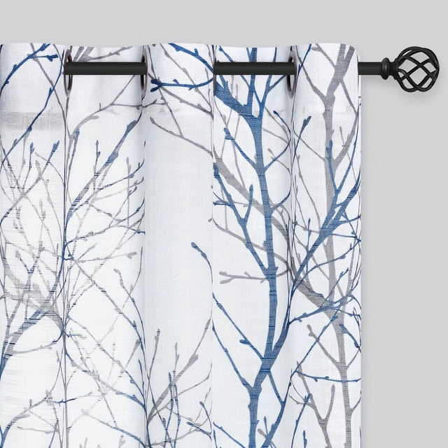 FMFUNCTEX Semi Sheer Linen Curtains, Blue and White Curtains 84 Inches Long for Living Room, Tree Branch Pattern Print Drapes for