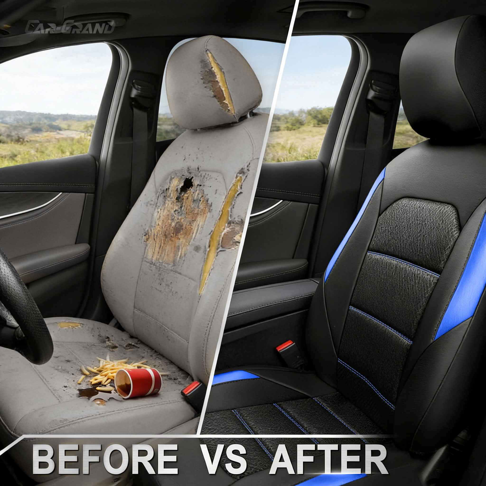 CAR GRAND Memory Foam Car Seat Covers, Leather Mesh Universal Fit Automotive Seat Protectors  Front Pair for Trucks SUV Sedan Metal Film Leather Armrest Airbag Compatible Comfortable  Black Blue