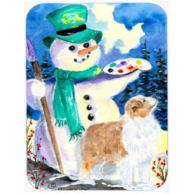 Carolines Treasures SS8996LCB Snowman With Australian Shepherd Glass Cutting Board- Large