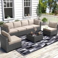 thumbnail image 5 of Rattan Patio Conversation Set with Waterproof Cushions & Leveler, 7 Piece Outdoor Patio Furniture Set with Glass Top Coffee Table, Outdoor Sectional Sofa for Backyard, Poolside, Gazebo, Easy Assembly, 5 of 8