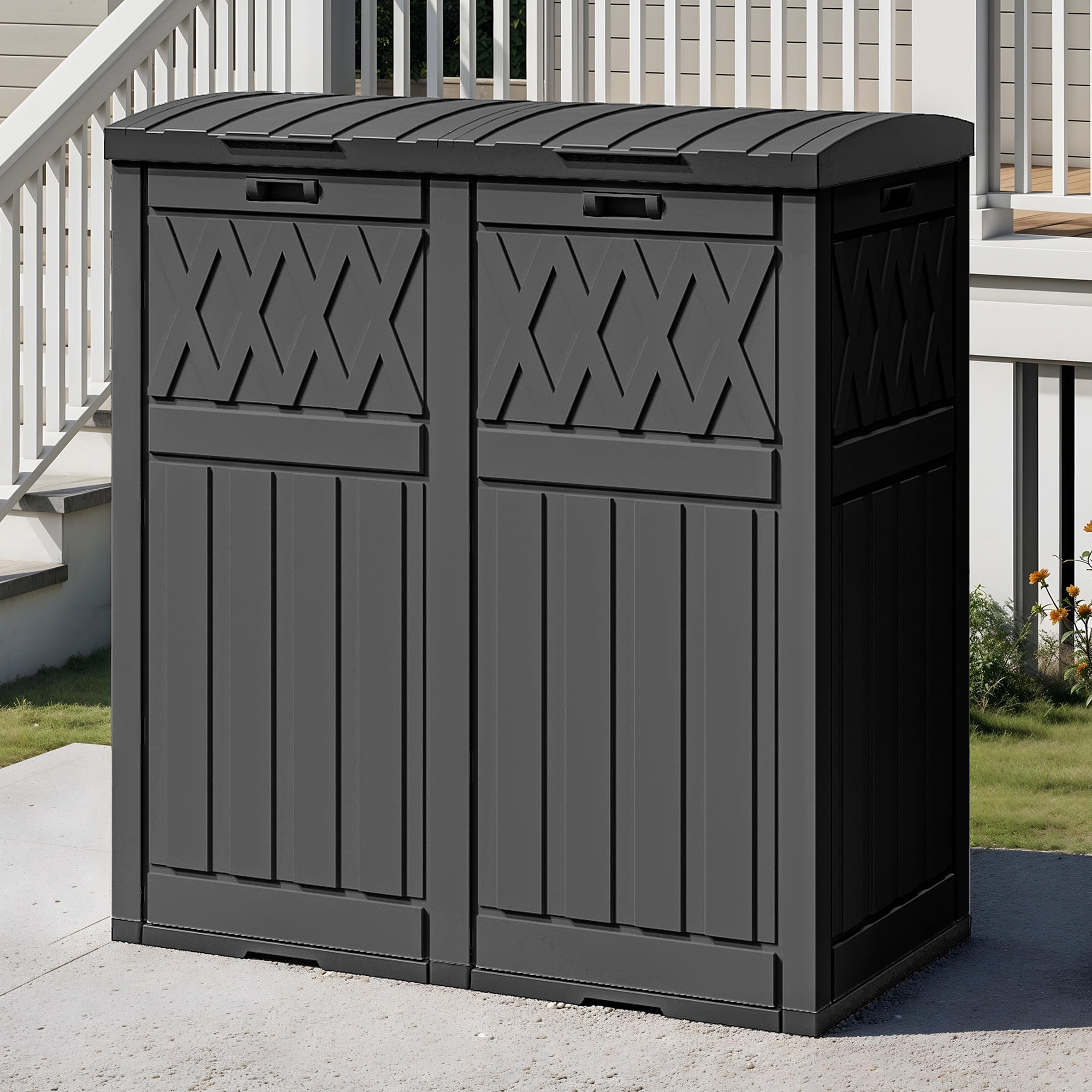 Uforic 66 Gallon Double Compartment Outdoor Trash Can, Waterproof Resin with Lid & Drip Tray, Black