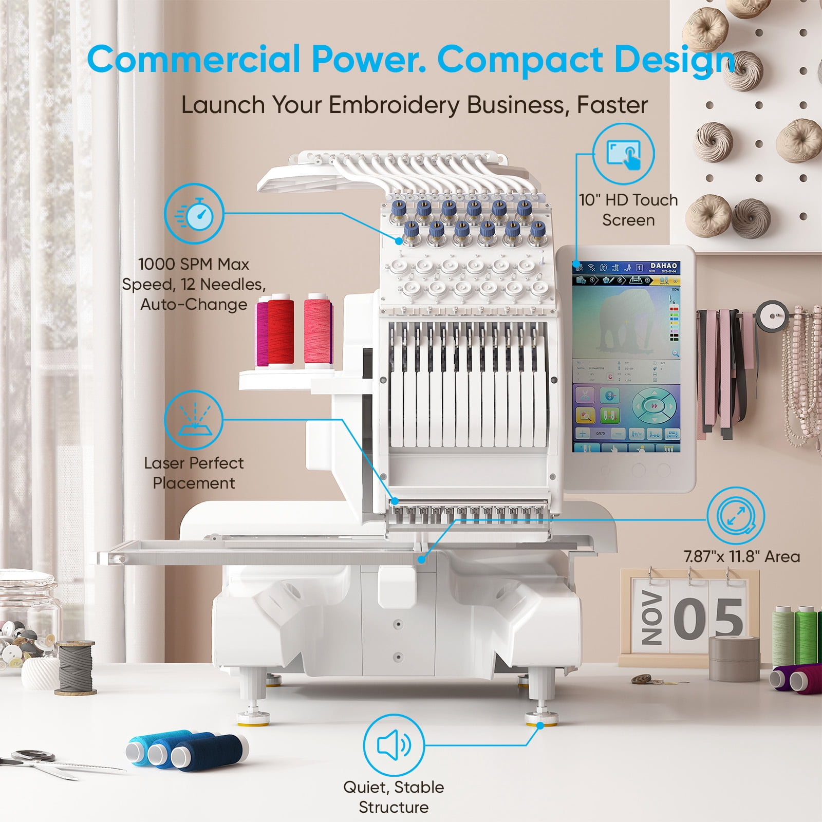TABU Embroidery Machine with 12 Needles, 1000SPM Max Speed, Touch Screen, 8"x12" Large Embroidery Area, for Flat, Hat, T-shirt and more